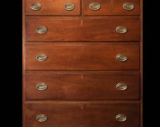 Southern Federal walnut tall chest, late 18th century form, probably Piedmont area. Featuring graduated drawers and elegant bracket feet. A refined example of early Southern craftsmanship with rich walnut grain and classic Federal proportions suited for traditional or modern interiors.