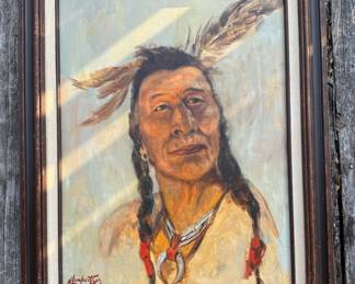 Original Oil Painting by H.F. “Ned” Lambertson
Signed and dated 1978
Artist: H.F. “Ned” Lambertson (Florida)
Medium: Oil on canvas
Size: 48 x 24 inches
Frame: Original framed presentation
Description:
Striking large-scale Western portrait depicting a Native American figure with feather adornments and traditional necklace. Signed “N. Lambertson ’78” lower left. The reverse retains the artist’s original label identifying H.F. (Ned) Lambertson of Orlando, Florida.
Executed in warm earth tones with confident brushwork, this piece has strong lodge, ranch, and Santa Fe design appeal. The scale makes it an impressive focal point for a living room, office, gallery wall, or cabin interior.