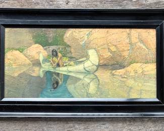 Herbert Wesley Amick (1877–1960) – Native American Canoe Scene (Early Print)
Early 20th-century printed work after an original by Herbert Wesley Amick, an American artist and illustrator known for evocative imagery of Native American life and Western landscapes. Amick studied at the Art Institute of Chicagoand achieved wide circulation through illustrated magazines, calendars, and art prints, making his work familiar to a national audience during the early 1900s.
This early print depicts a Native figure seated in a canoe on calm, reflective water, bordered by rocky bluffs. The quiet mood, strong reflection, and balanced