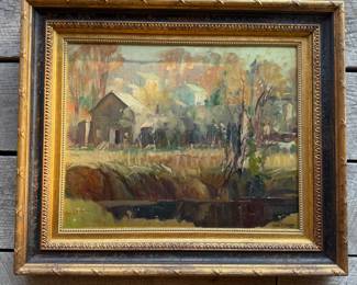 Edward Thomas Grigware (1889–1960)
“On the Canal Near New Hope, Pennsylvania”
Oil on canvas mounted on board, c. 1920–1930
Artist: Edward Thomas Grigware (American, 1889–1960)
Medium: Oil on canvas mounted on board
Size: 16 x 20 inches (sight)
Signature: Signed lower right
Period: Circa 1920–1930
Frame: Period gilt frame
Description:
Impressionistic canal landscape by listed American artist Edward Thomas Grigware, depicting a quiet rural scene near New Hope, Pennsylvania. Painted circa 1920–1930, the composition features barns and structures reflected along the water with soft autumnal tones and expressive brushwork.
Grigware studied at the Chicago Academy of Fine Arts and exhibited at the Art Institute of Chicago. He later became known for his Western landscapes in Wyoming but also worked extensively in New England and the Pennsylvania/New Hope region. His works appear in multiple standard art reference publications.