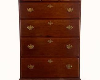 18th-century cherry tall chest with strong Richardson - Hinton - Inman family provenance, possibly originating in Maryland and descending through generations to Missouri. Constructed with square wrought nails, oak secondary wood, original locks and key, and partial original Chippendale brasses