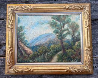 Albert Henry King (1900–1982)
California Mountain Landscape, c. 1935–45
Oil on board, 10" x 13", signed lower right.
Impressionist hillside scene with rich palette and textured brushwork. Listed California artist with WPA-era ties. Presented in carved gilt frame. A charming Southern California landscape ready to hang.