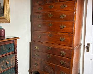 FINE AND RARE QUEEN ANNE FIGURED MAPLE HIGH CHEST OF DRAWERS DUNLAP SCHOOL NEW HAMPSHIRE CIRCA 1790