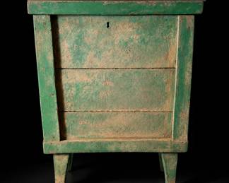 Early painted grain bin / sugar chest with old worn green paint and exceptional surface patina. Simple vernacular construction with tapered legs and lift-top form. Kentucky rural utility piece, reportedly from the Herndon, KY area. Strong primitive character with authentic age and use wear.
