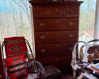 18th-century cherry tall chest with strong Richardson - Hinton - Inman family provenance, possibly originating in Maryland and descending through generations to Missouri. Constructed with square wrought nails, oak secondary wood, original locks and key, and partial original Chippendale brasses