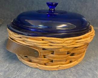 Vintage Cobalt Blue Round Caserole Dish w/Lid in a Basket