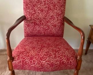 Pair Vintage Queen Anne Style Wood Arm Chairs, Red Pattern Fabriic, Carved Wood Arms & Legs, 27"W x 22"D x 42"T