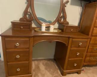 Antique Vanity, Victorian Style, Mid-Century, Cherry w/Oval Mirror, 48"W x 20"D x 64"H