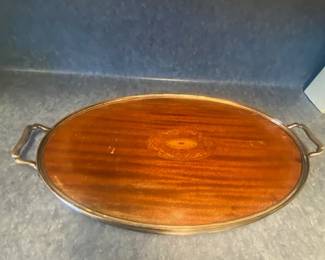 Edwardian Mahogany Inlaid Oval Serving Tray w/Brass Handles
