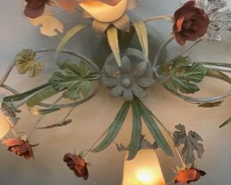 Vintage Art Deco/Nouveau Floral Ceiling Light Fixture, Rustic Metal Frame w/Leaf & Rose Motif, Frosted Tulip Glass Shades, 35"W x 22"H