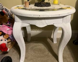 Glass top round ribbed wicker side table, 2 available 