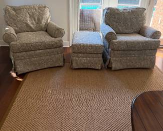 #18 - $240 - Haverty's Paisley swivel rocking chairs - green and cream 38wx37x39t                                                    #19 - $90 - Haverty's Paisley green and cream 32wx21dx18t