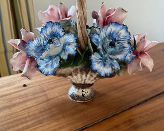 #7 - $90 - Capodimonte  made in Italy ceramic flowers in basket 19wx13t
