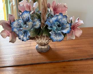 #7 - $90 - Capodimonte  made in Italy ceramic flowers in basket 19wx13t