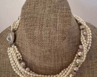 #91 - $100 - multi pearl choker with pink & 925 pearl clasp signed Luc 