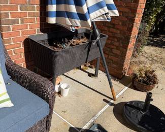 #82 - $60  - Ballard Designs Large blue and white patio umbrella needs stand
