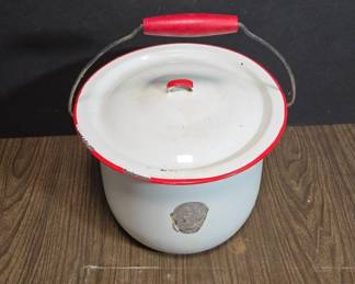 	White Enamelware Bucket With Red Trim