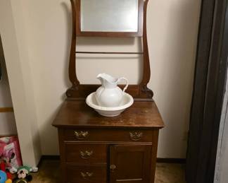 	Antique Wood Wash Stand with Mirror and Basin