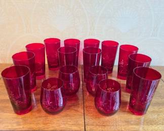 	Ruby Red Glassware With Etched Leaf Design