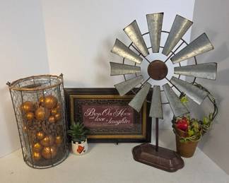 Decor Lot With Metal Windmill