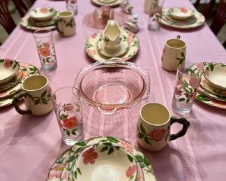 Franciscan Desert Rose. Settings for 12 with serving pieces and eight glasses. Mint condition.