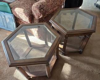 80’s Hexagonal Wood & Glass Side Tables