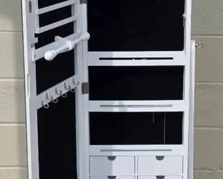 White Freestanding Mirrored Jewelry Armoire With Interior Storage