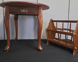 Round Cherry Wood End Table And Magazine Rack