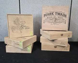 Collection Of Vintage Mark Twain And Fighting Cock Wooden Cigar Boxes