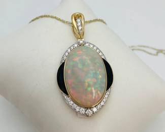 Opal and Diamond Pendant with Gold Chain