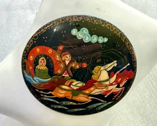 Hand-Painted Russian Black Lacquer Brooch