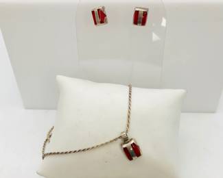 Sterling Silver Red Coral Necklace & Earrings
