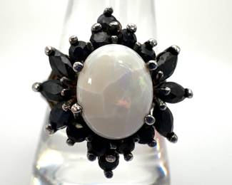 Sterling Silver Opal and Black Topaz Ring
