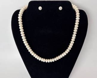 Button Pearl Necklace & Earrings