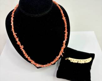 Coral Necklace with Elephant Resin Pendant