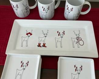 Christmas Dansk Reindeer Small Platter, Coffee Mugs And Small Appetizer Plates