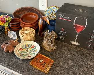 Bronze Bookend, Decorative Pieces, Wine Glasses, Waterford Clock And Other Items