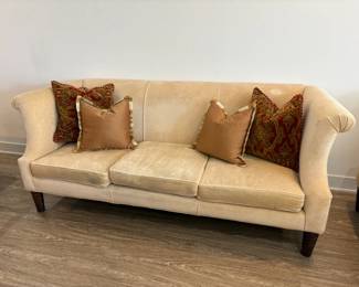 1 of 2 CustomMade Camelback Sofa in Beige Velvet And Dark Turned Legs, Includes 4 Accent Pillows
