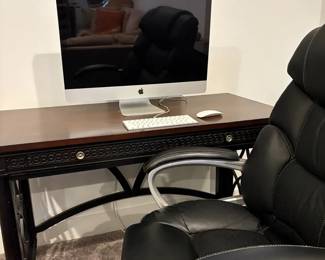 Writing Desk With Black Finish, Black Leather Chair And Apple Computer 