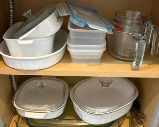 Utensils, Corningware Serving Pieces, Plastic Storage, Mixing Cups, Mixing Bowls, Etc.