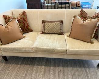 2 Of 2 Custom Made Camelback Sofa In Beige Velvet With Dark Turned Legs, 5 Accent Pillows