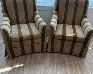 Pair Of Matching Upholstered Armchairs, Green, Beige And Brown