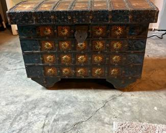 Vintage Indian Style Metal And Wood Chest On Wheels