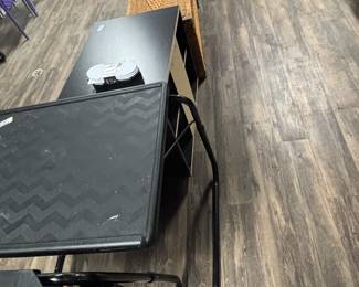 Tv stand, couch trays, wicker bin