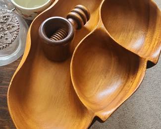 Vintage Monkey Pod Wood Leaf Shaped Serving Bowl with Nutcracker