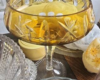 Bohemian Amber Cut to Clear Compote