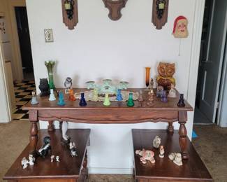 Boyd Art Glass Owl Bells, Skunk Collection. Chalkware. Coffee Table & End Tables