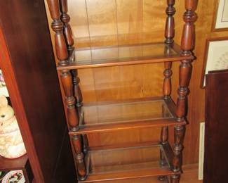 One of two walnut & glass shelves