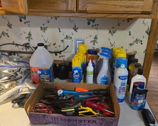 Kitchen tools and cleaning products.