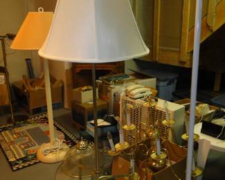 Tall glass and brass floor lamp